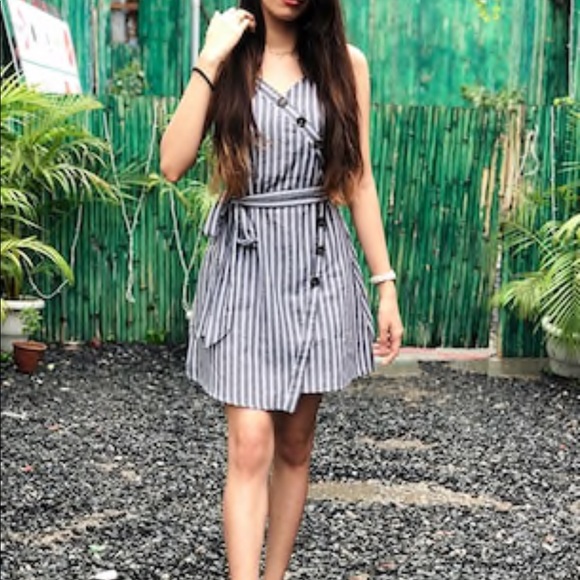 LAST ONE! Button Belted Faux Wrap Striped Dress - Picture 6 of 8